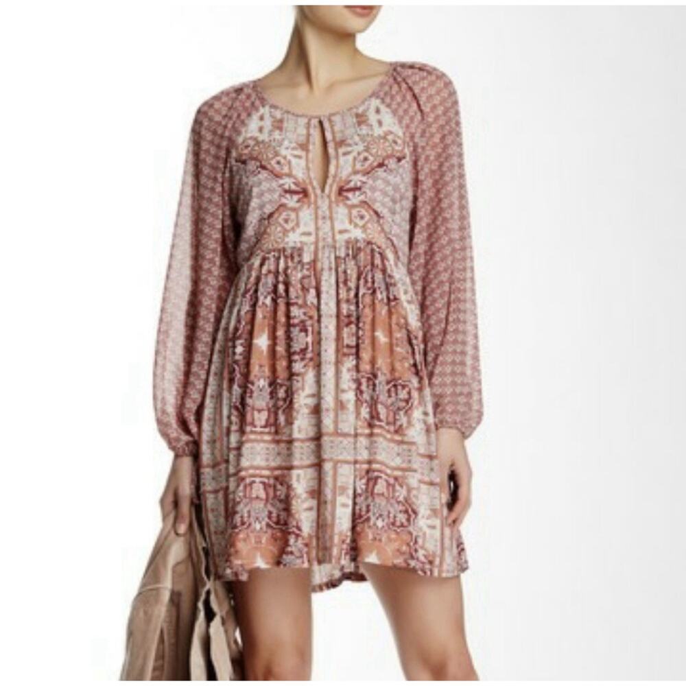 Free People Dress Womens Small Boho Long Sleeve Peasant Mini Printed Festival